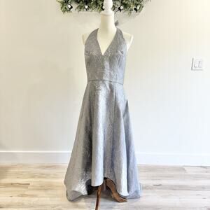 new halston heritage Silver Jaquard Halter Gown High Low Size 12 H